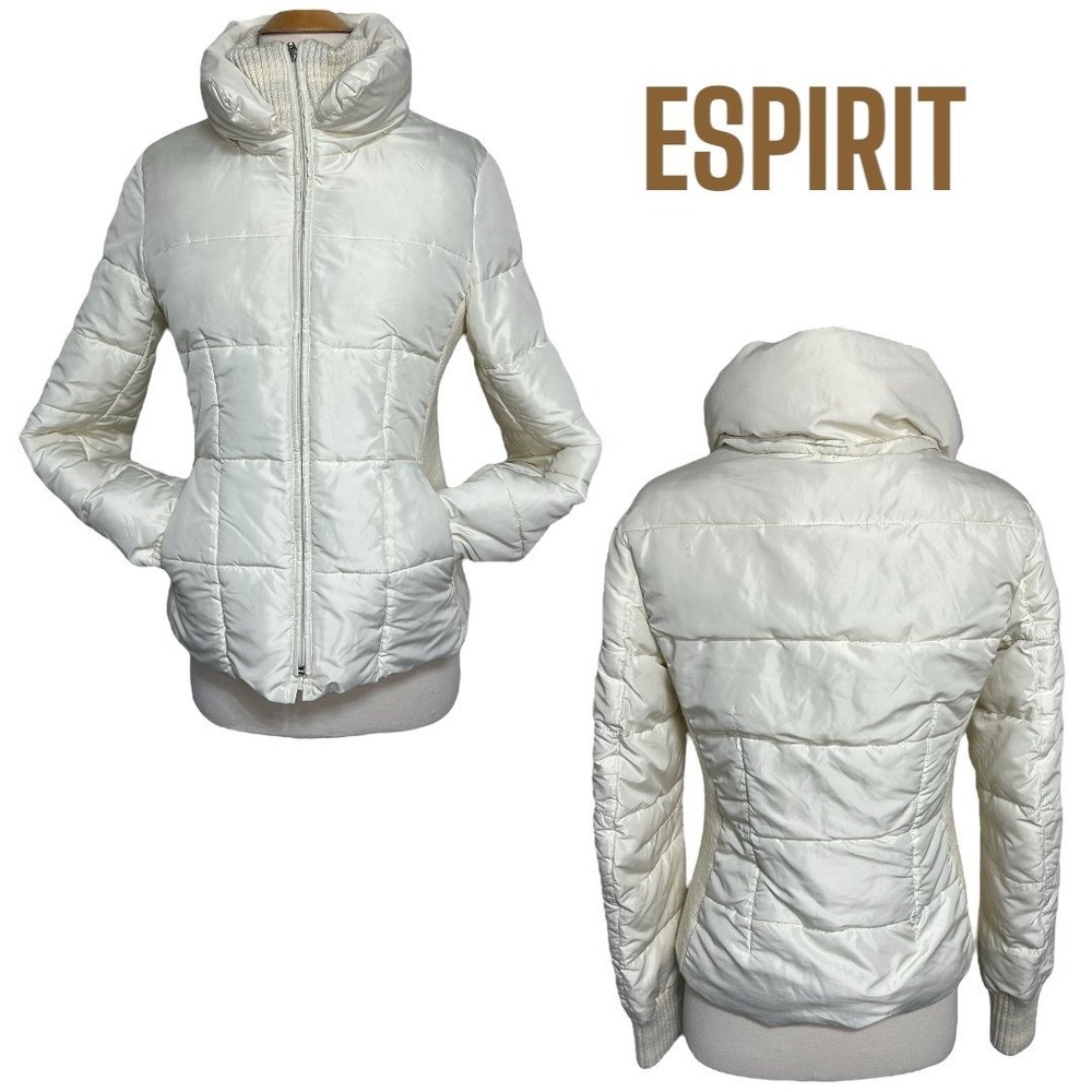 ESPRIT Puffer Jacket Size S Cream Quilted Stand Collar Full Zip Cozy Winter Coat